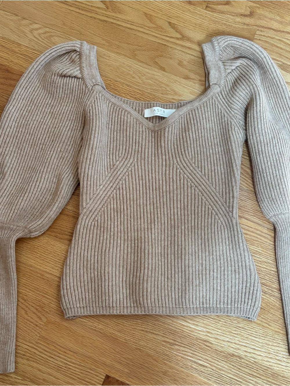 Astr Taupe Ribbed V-Neck Puff-Sleeve Sweater